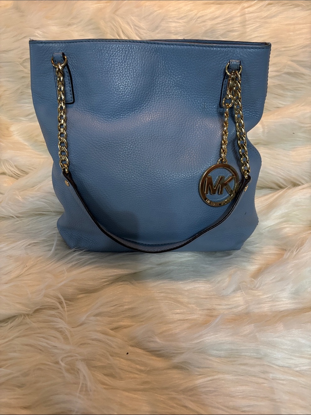 Michael Kors Light Blue Pebbled Leather Tote with Gold Chain Detail